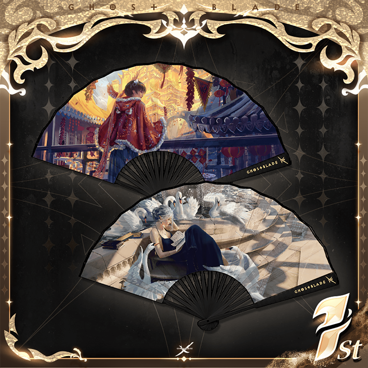 Quạt giấy xếp 10 inch Ghost Blade WLOP chủ đề Thiên nga năm mới  – Chính hãng Xuanji Tech